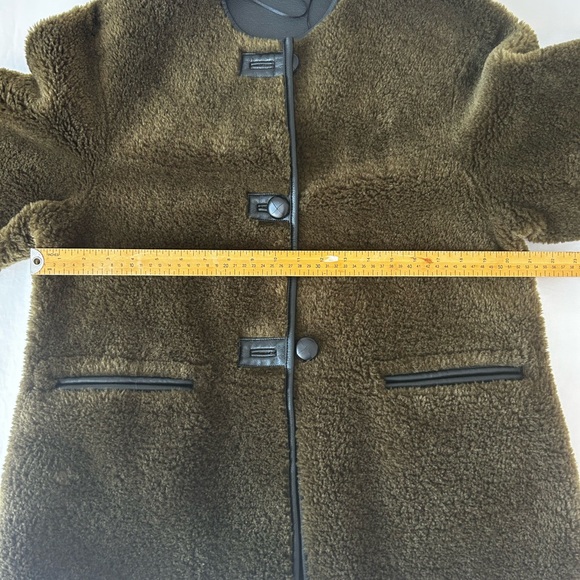 Mango Olive Green Shearling Jacket S Black leather lining and details - Picture 10 of 11